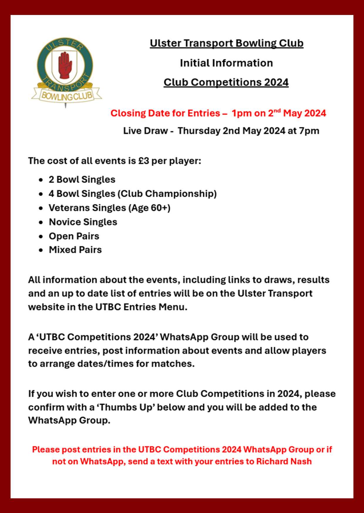 Information and Current Entries for the 2024 Club Competitions at Ulster Transport BC
