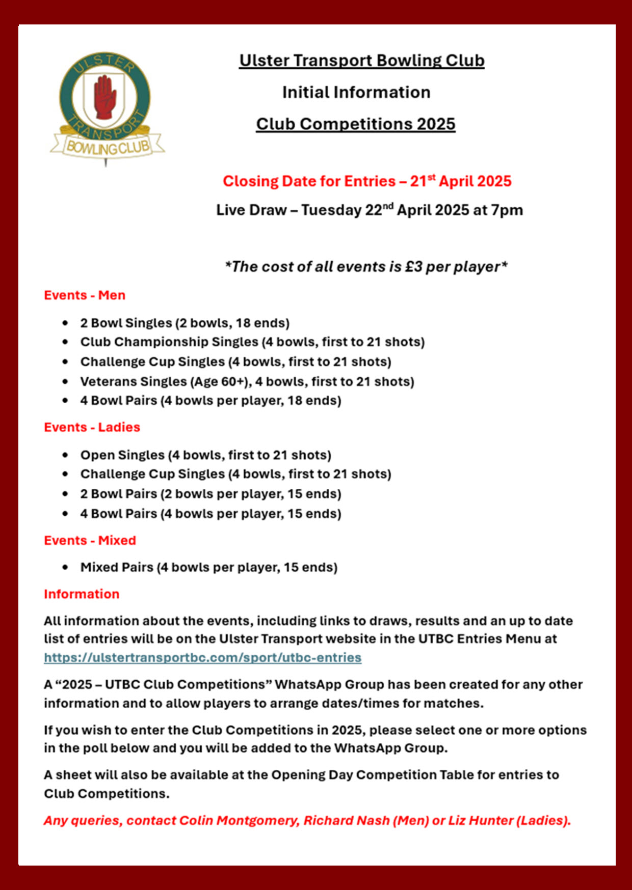 Information and Current Entries for the 2025 Club Competitions at Ulster Transport BC